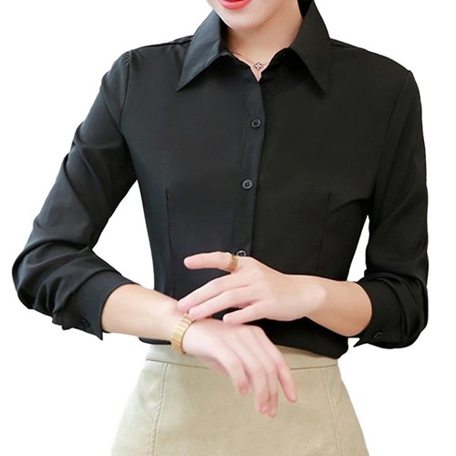 Classic Long Sleeve Blouse Women's Solid Color Office Lady Business Shirt - Picture 6 of 35