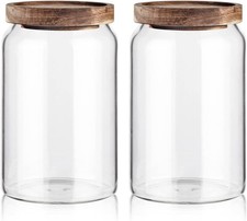 Glass Storage Container Airtight Food Jars Kitchen Canister W/ Wood Lids 33 Oz