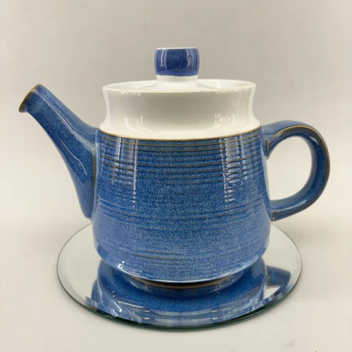 Denby Langley Chatsworth Teapot Blue Stoneware England Chip Lid Vintage￼