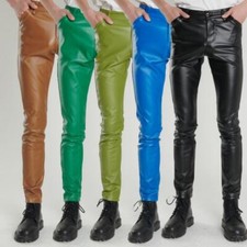 New Men's Faux Leather Slim Fit Pants Motorcycle Resistant Casual PU Trousers