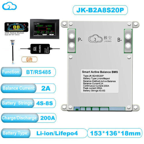 JK SMART BMS Lifepo4 Li-Ion Battery JK-B2A8S20P 4-8S 200A 2A Active Balance lot - Afbeelding 1 van 28