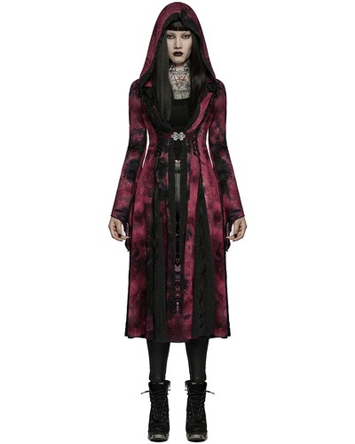 Punk Rave Womens Gothic Tie Dye Hooded Cloak Jacket - Black & Red - Picture 4 of 13