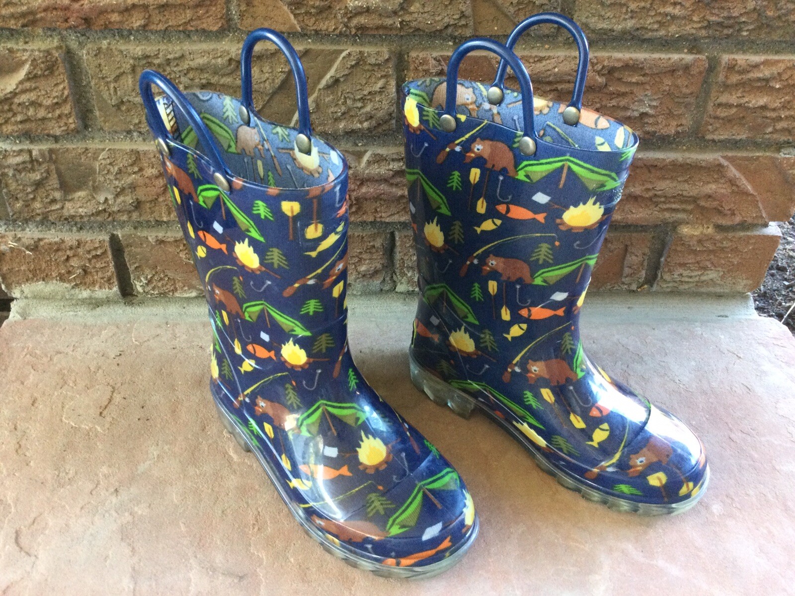 Western Chief Kids Rain Boots/Light Up Heels/Camping Theme On Navy Blue/Size 12 image 7