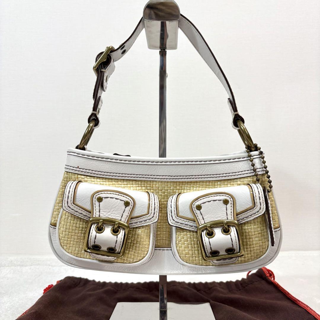 COACH Legacy Raffia Satchel Pocket Bag Hand Bag White Used