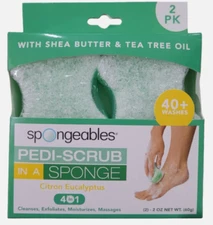 Spongeables 2 Pack Pedi Scrub Sponge Foot Scrubber Shea Butter CITRON EUCALYPTUS