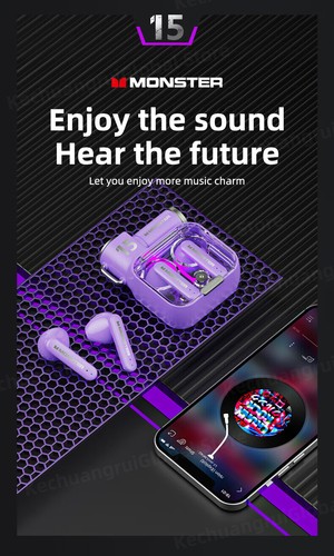 Oryginalne bezprzewodowe słuchawki Monster XKT15 Bluetooth 5.3 TWS Gaming Earbuds RGB - Zdjęcie 23 z 26