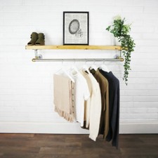 Industrial Clothes Rail With Solid Wooden Shelf - Silver & Brass Pipe Fittings!!