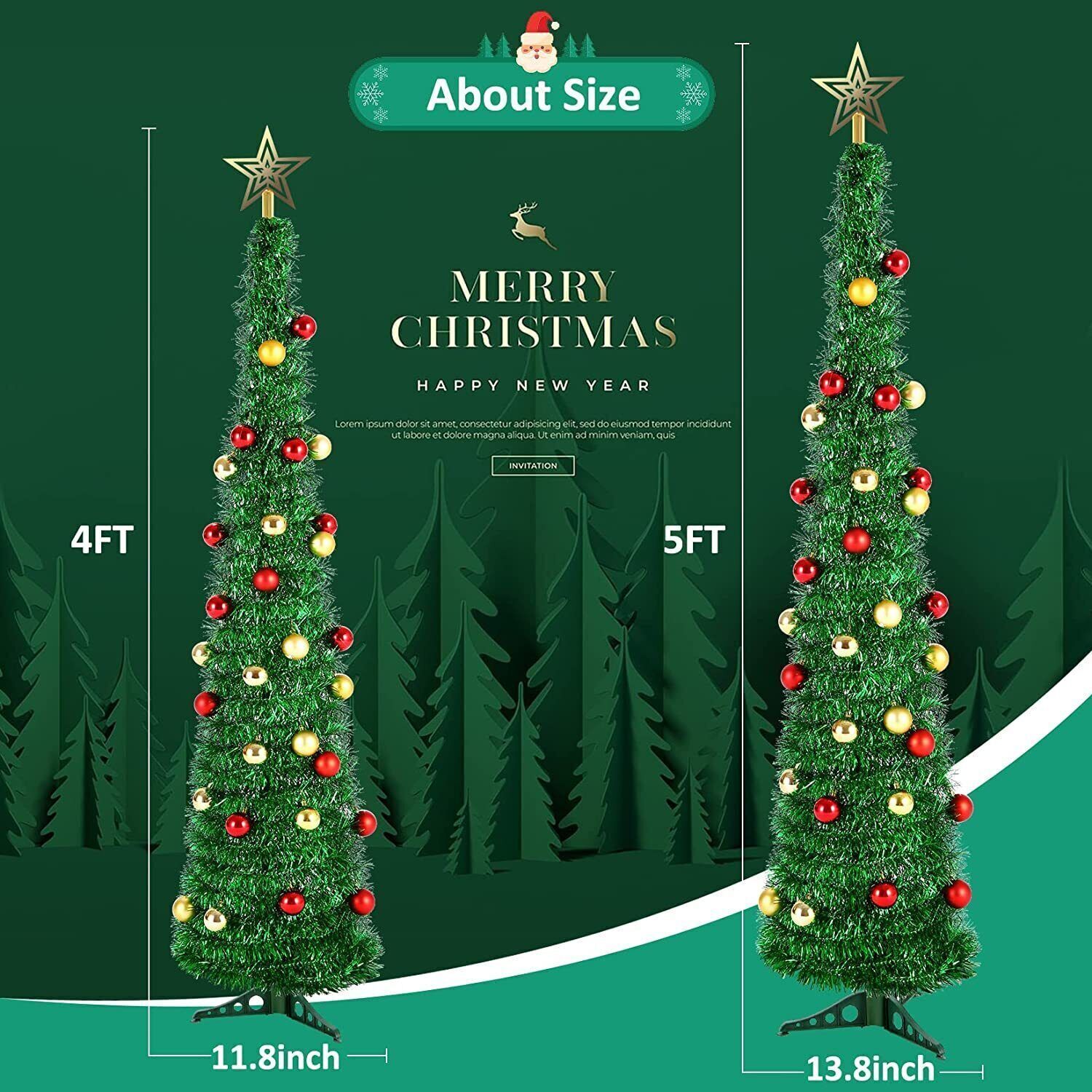 Christmas Tree 5ft Collapsible Pop Up Slim Pencil Xmas Tree Decor w
