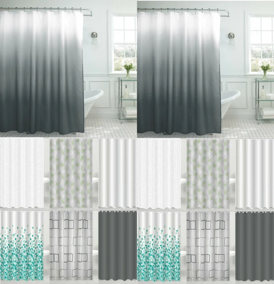 Waterproof Shower Curtains Modern Designs Printed & Plain 12 Hook Set 180x180cm