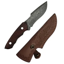Damascus Pattern Brown Wood Knife 3.83" Blade Stainless Steel w/ Scabbard