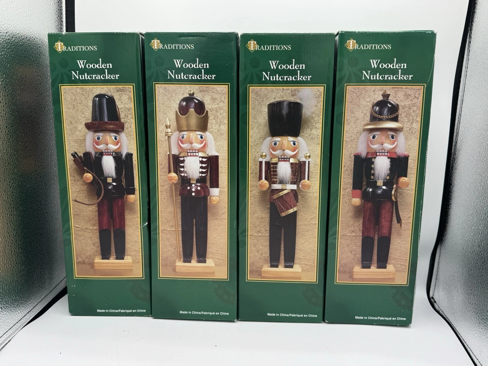 Set of 4 "TRADITIONS" Wooden Nutcracker 14" Figurines Bow, Drum, Spear, & Sword