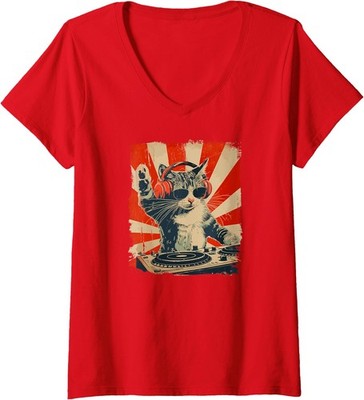 Funny DJ Cat Disco Sound Tech Headphone Music Fun Ladies' V-Neck Tshirt