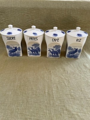Französisches Set 4 Delfter Blau Weiß Küche Vorratsgläser Kaffee Zucker Reis Pasta