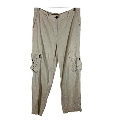 Massimo Dutti Linen Blend Tan Cargo Leg Sz 10 Pants High Waist Resort Vacation