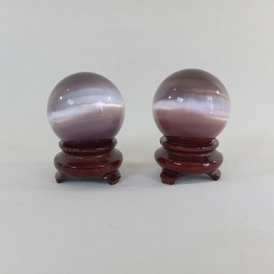Pair Purple Cat's Eye Sphere Orbs 1.5'' Diameter with Stands Polished Mineral