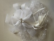 Girl  s White Tulle Mesh Fascinator Feather Bow Polka Dot Hair Clip Headband
