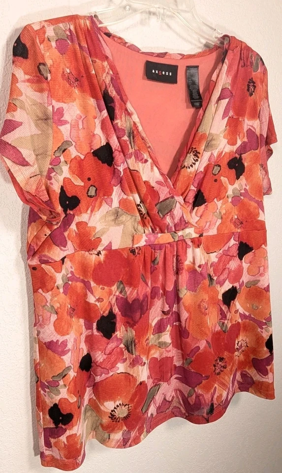 Axcess рубашка красный мак цветочный женщин XL V шеи крышка рукав пуловер блузка - Изображение 2 из 4