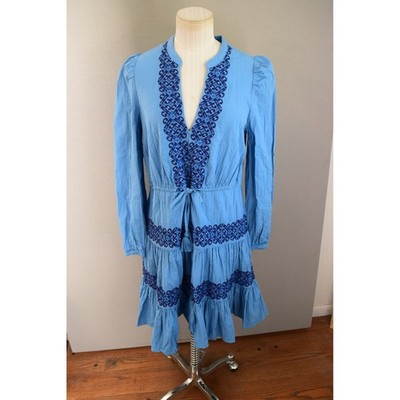 Boden Blue Embroidered Tiered Midi Dress 4 Womens Smocked Waist Tie Neck |  eBay