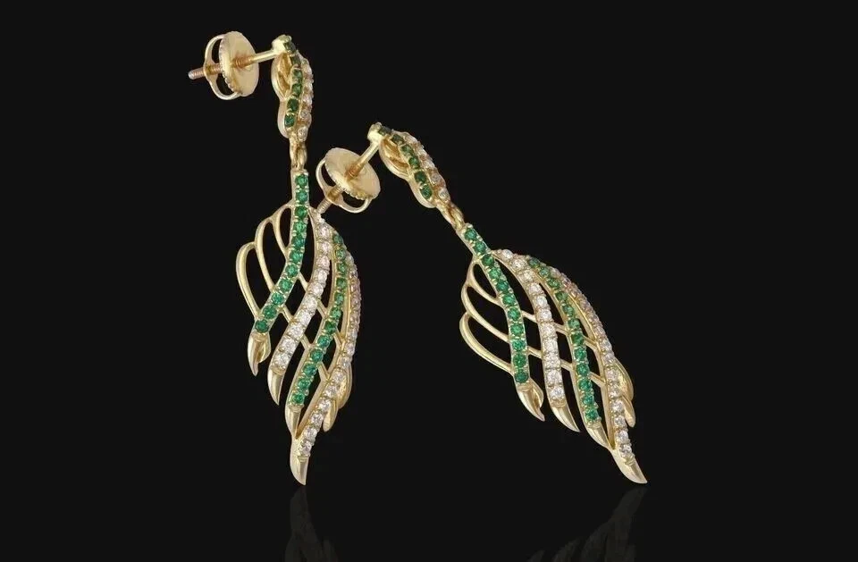 Pendientes colgantes de esmeralda de corte redondo de 3 quilates enchapados en oro amarillo de 14 quilates Foto 2 de 4