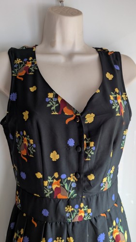 YUMI Fit & Flare Fox Floral Black Lined Button Summer Skater Dress Kawaii 10🦊🌼 - Picture 2 of 7
