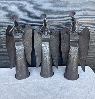 Set Of Three Modern rustic hammered iron angel figurines with trumpets