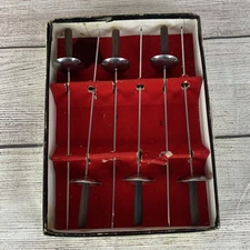 Vintage Sword Kebab Fondue Skewers MCM Set of 6 Walnut Stainless Steel