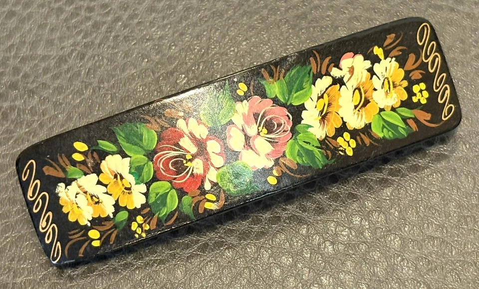 Vtg Russian Lacquered Floral Barrette Hand Painted Black Wood Hair Clip Signed - Image 2 of 4