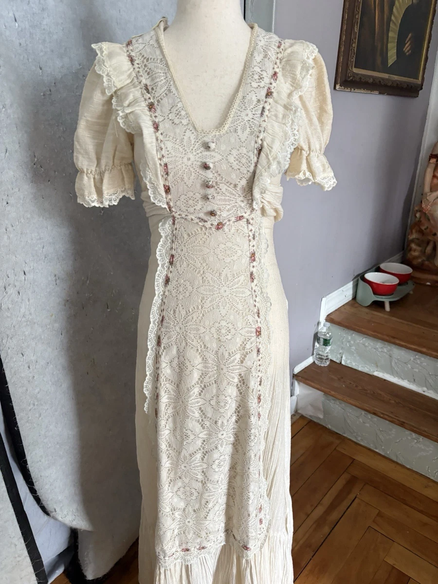 jody california lace dress Jody T of California Vintage 70's Floral Prairie Maxi Dress Nylon Fishnet Boho M