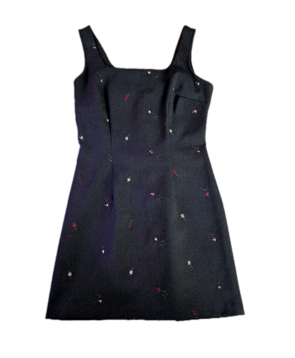 Vtg 90s City Triangles Charcoal Embroidered Flowers 1/2 Zip Dress