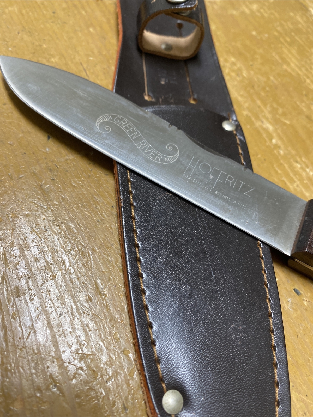 RARE/VINTAGE GREEN RIVER FIXED BLADE KNIFE W/LEATHER SHEATHHOFFRITZ