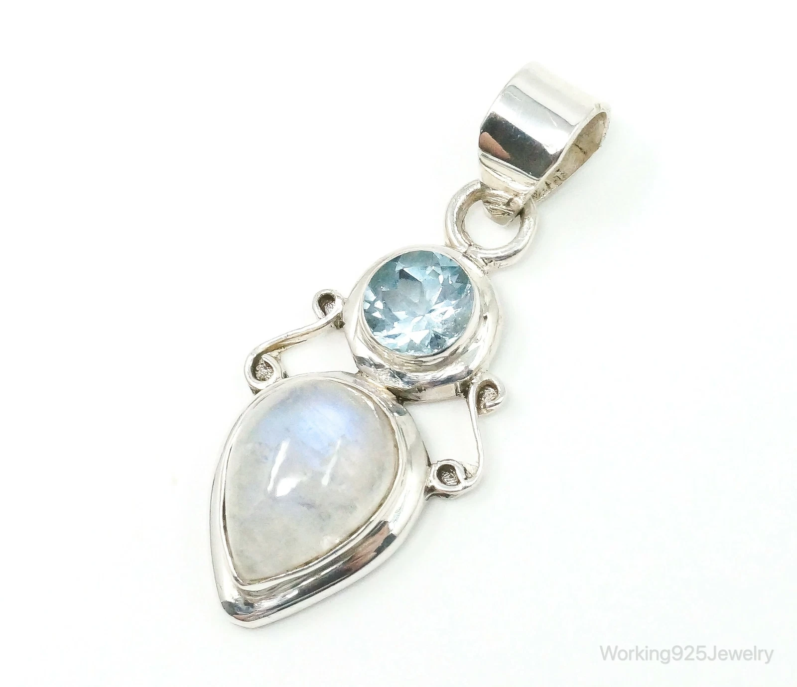 Grand collier pendentif créateur bijoutier suprême pierre de lune topaze bleue sterling