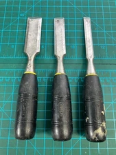 Stanley Wood Chisel Set 3 Pc 1" 3/4' & 1/2" Blades Beveled Edge Black Handle