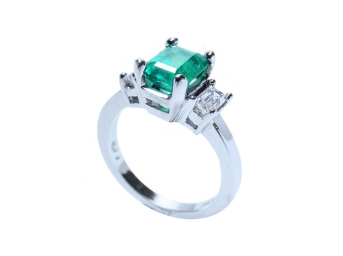 2.05 TCW Natural Emerald and Baguette Diamonds Engagement Ring 18K White Gold - Picture 6 of 12