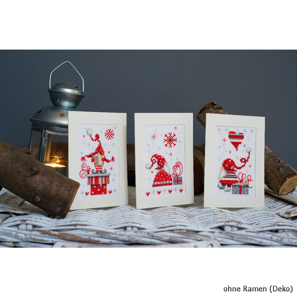 Vervaco Greeting card, counted stitch kit Christmas gnomes kit of 3, DIY