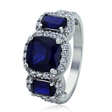 Women Silver Cushion Cut Simulated Blue Sapphire CZ 3 Stone Anniversary Ring
