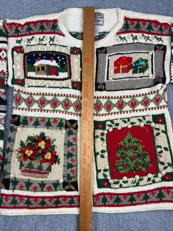 Suéter Feo Navidad Vintage Reliquia Coleccionables Árbol Cabaña Retazos Mediano Foto 2 de 4