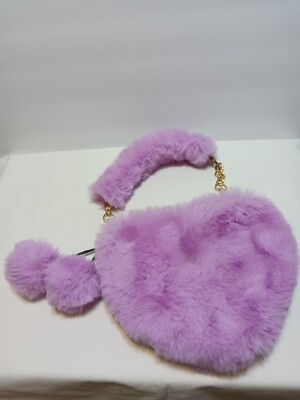 Faux Rabbit Fur Handbag Fluffy Furry Heart Shaped lavender purple soft  purse