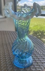 Fenton Scarce Blue Snow Crest 9 Inch Vase. Spiral Optic. Unmarked. No Damage.