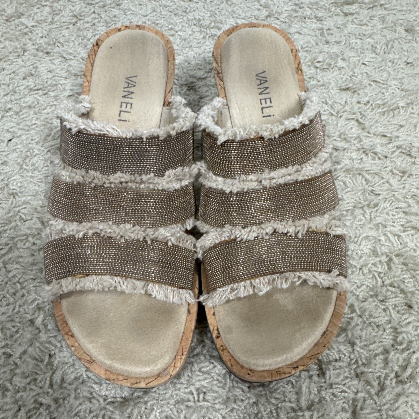 Vaneli Carry Espadrilles Wedge Slip On Strappy Sandals Size 7 Metallic Fringe