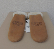 UGG CHESTNUT SUEDE/ SHEARLING HERITAGE LOGO WINTER MITTENS WOMEN L/ XL NWT