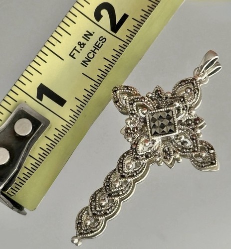 Vintage Sterling Silver Marcasite Cross Pendant LARGE Ornate Filigree 925 2.4 in
