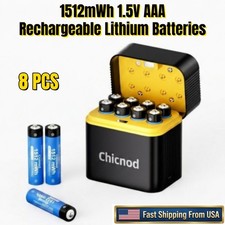 Rechargeable Lithium Batteries 8 Pack 1512mWh AAA 1.5V with Fast Charger Box