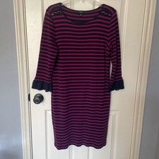 Talbots Cotton Knit Dress, Large Size, Raspberry Dark Navy Stripe, 3/4 Sleeves