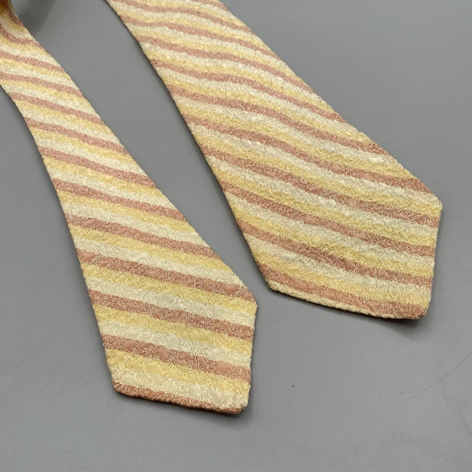 Vtg 40s 50s Wembley Striped Pastel Tie 51 x 3.5 in Pink Yellow Textured Crepe - Image 2 of 4
