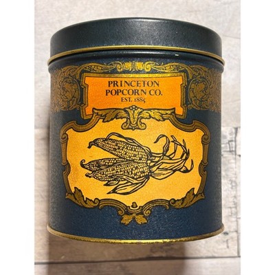 Vintage Collectible Princeton Popcorn Co Tin Tan Gold Navy Green 4.5 H 4.25 W