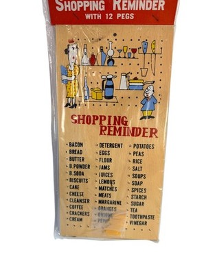 Vintage Wooden Shopping Reminder Board w/ 12 Pegs NOS Mid-Century Kitchen Dec
