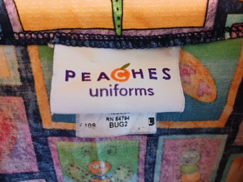 Peaches Scrub Jacket L Bugs Button Up V-Neck Butterfly 2 Pockets Cuff Sleeves - Picture 2 of 7