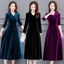 Women Velvet Dress Midi Long Sleeve V Neck Swing Evening Cocktail Elegant