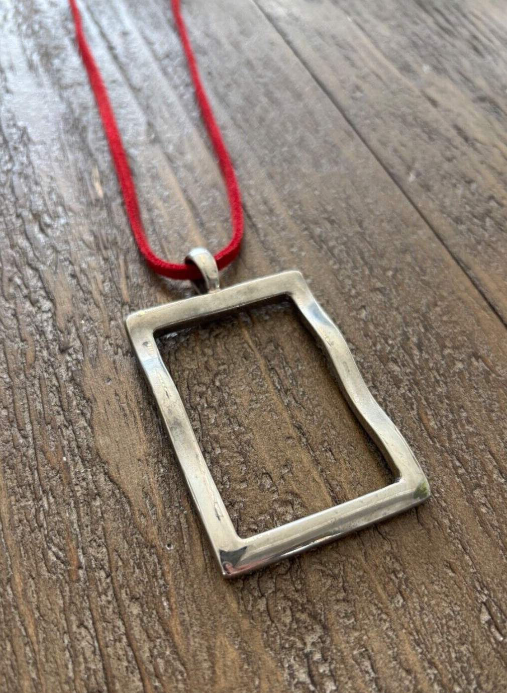 Vintage Silver Tone Rectangular Wavy Pendant Larg… - image 2