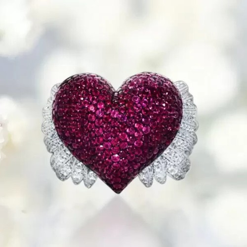 5.8Ct Lab Created Ruby Angel Wing Heart Cocktail Ring 14k White Gold Finish - Picture 14 of 14